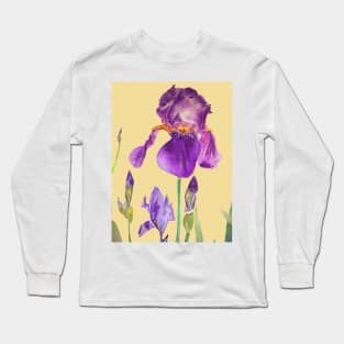 Iris Watercolor Painting - Elegant Purple on Lemon Yellowa Long Sleeve T-Shirt